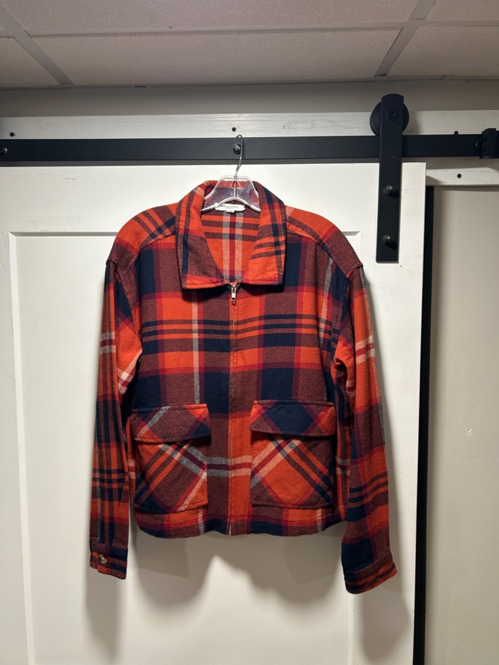 beachlunchlounge Orange and Navy Plaid Zip-Up Pea Coat